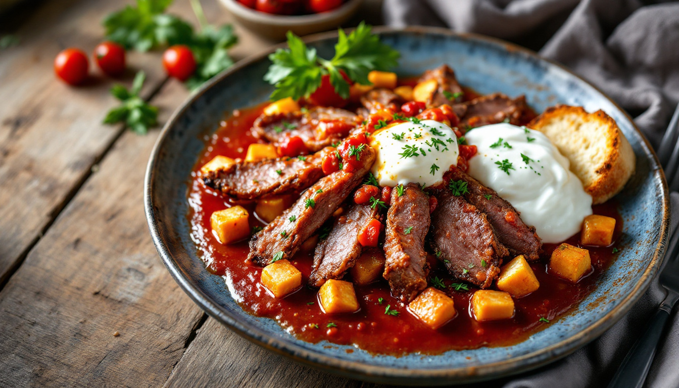 Iskender kebab, doner over bread with tomato sauce, butter and yogurt