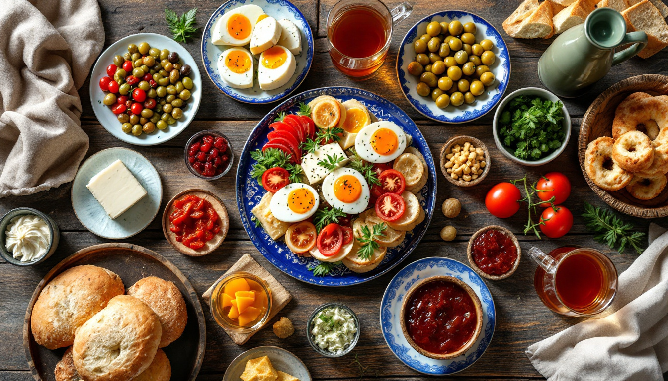 A lavish Turkish breakfast spread with cheeses, olives, menemen and tea