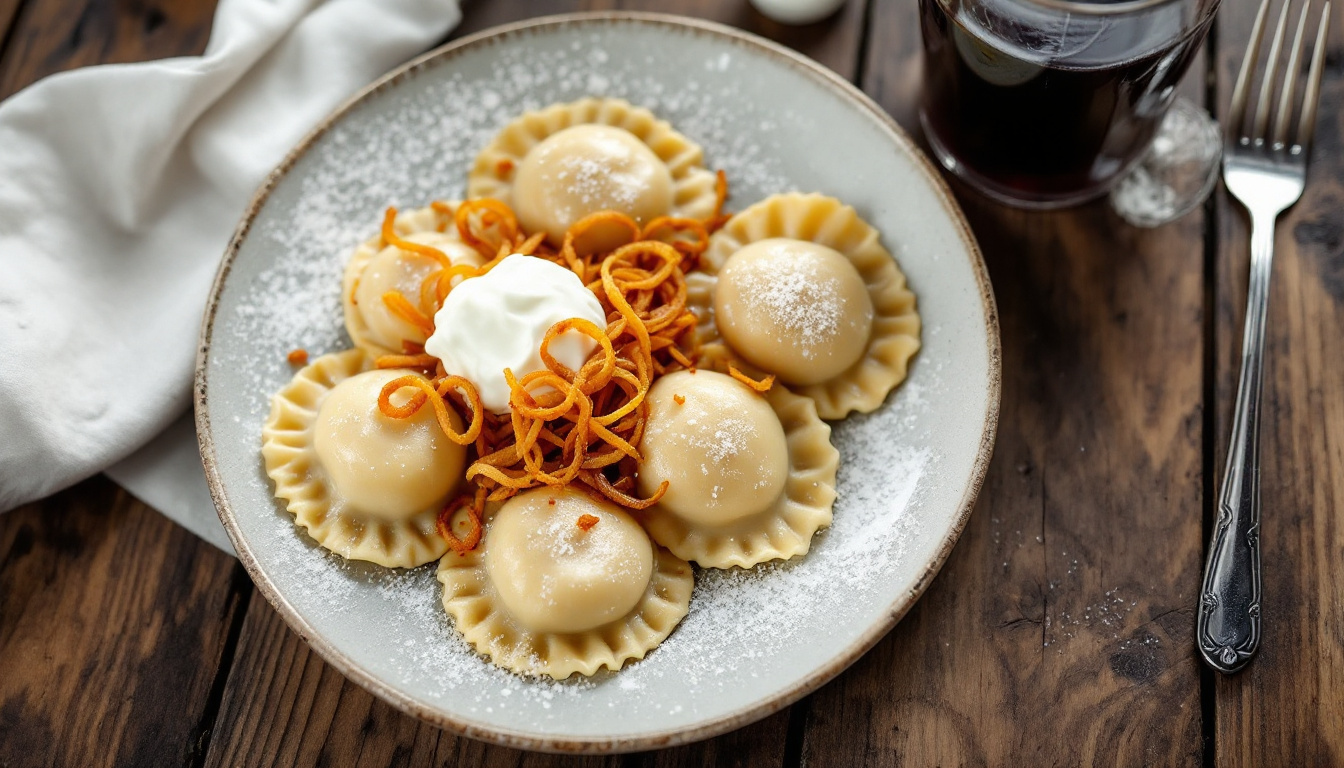 The best food in Krakow: a plate of pierogi with fried onion and sour cream