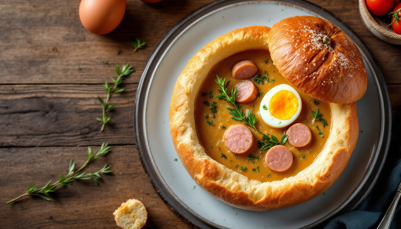 Zurek, Polish sour rye soup served in a bread bowl with sausage and egg
