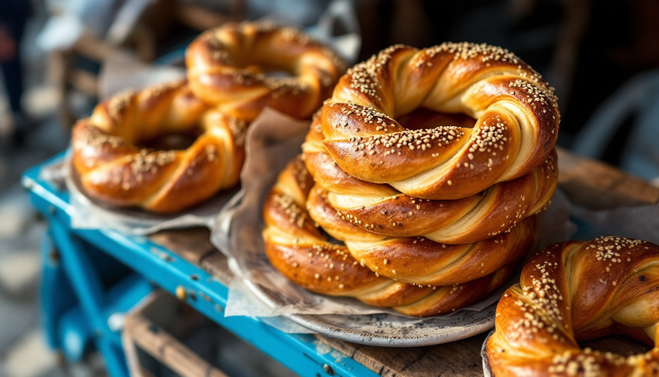 Obwarzanek krakowski, braided bread rings on a Krakow street cart