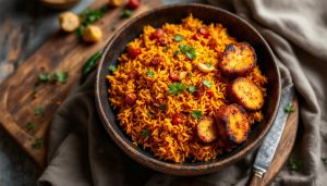 The best food in Lagos: smoky Nigerian jollof rice with plantain and chicken