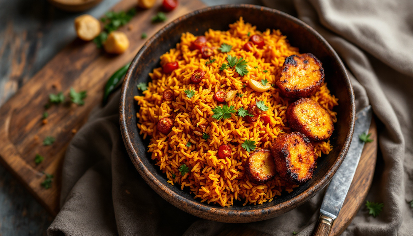 The best food in Lagos: smoky Nigerian jollof rice with plantain and chicken