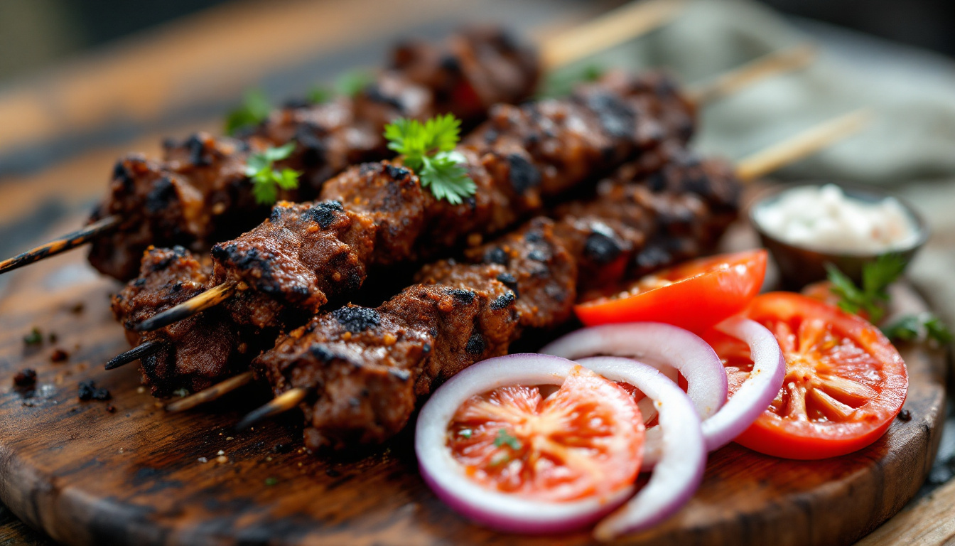 Suya, spicy Nigerian grilled beef skewers with yaji and onion