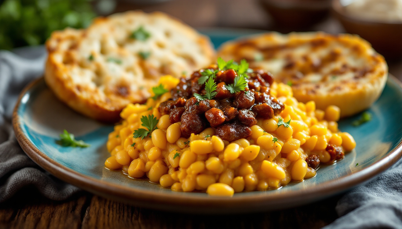 Nigerian ewa agoyin, mashed beans topped with dark spicy pepper sauce, with soft agege bread
