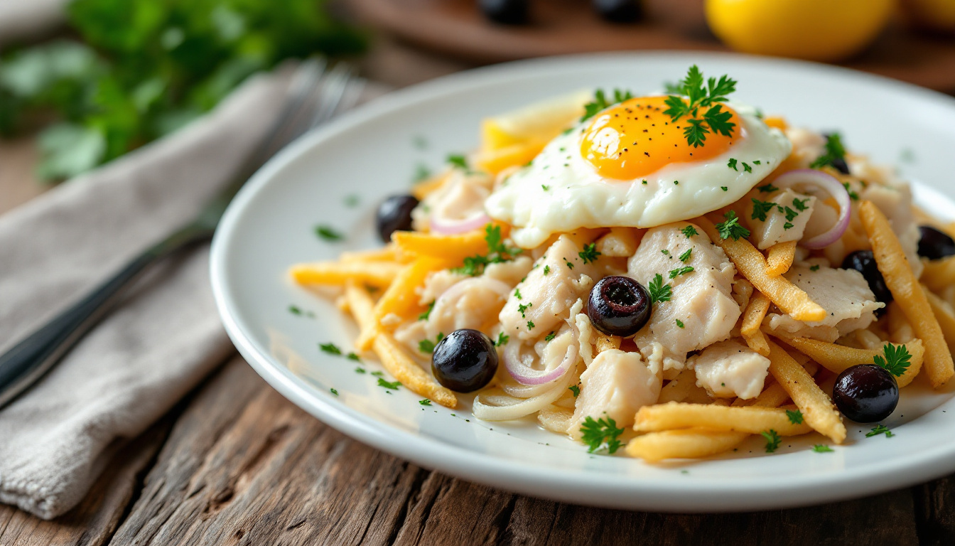 Bacalhau a bras, shredded salt cod with potato, egg and olives