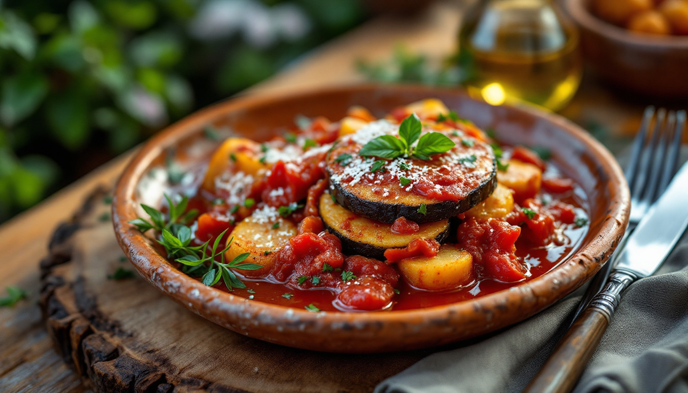 Mallorcan tombet, layered fried potato, aubergine and red pepper under tomato sauce in a clay dish