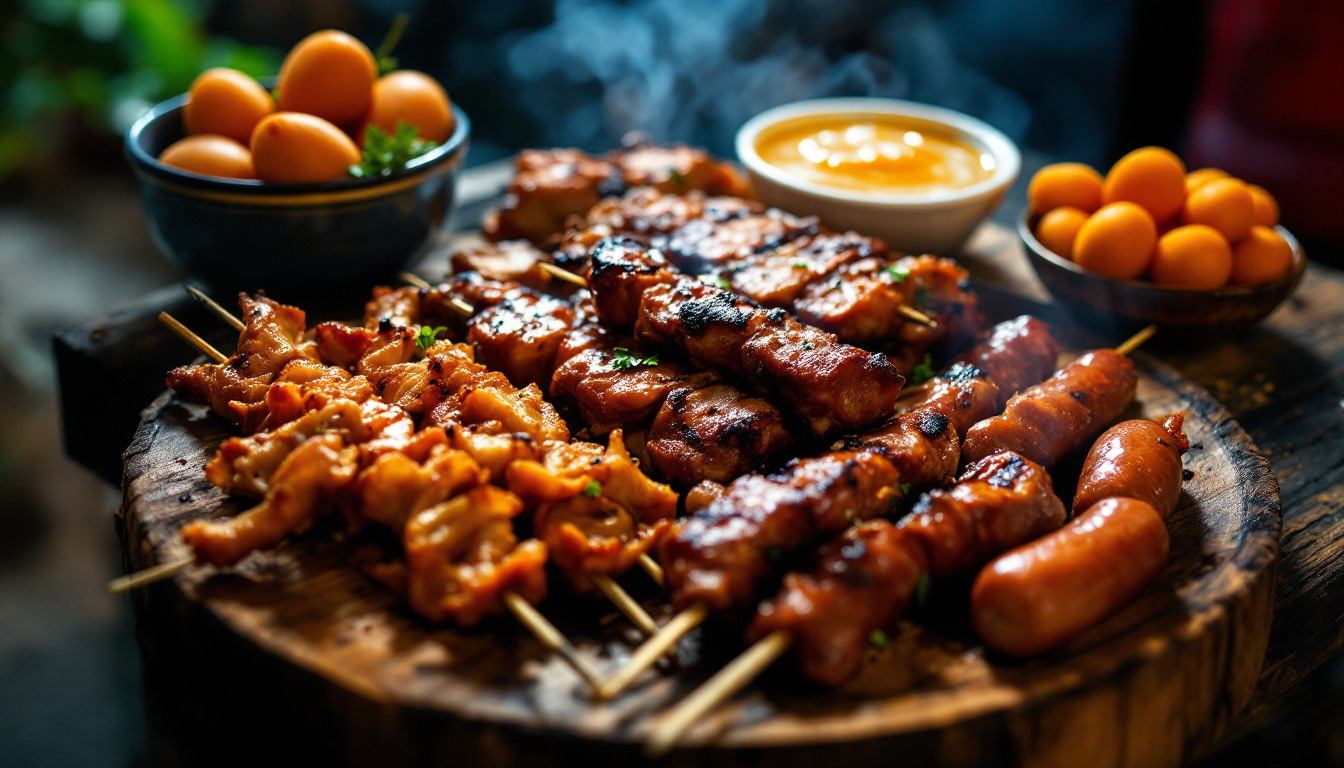 Filipino street skewers: pork BBQ, isaw and kwek-kwek on a charcoal grill