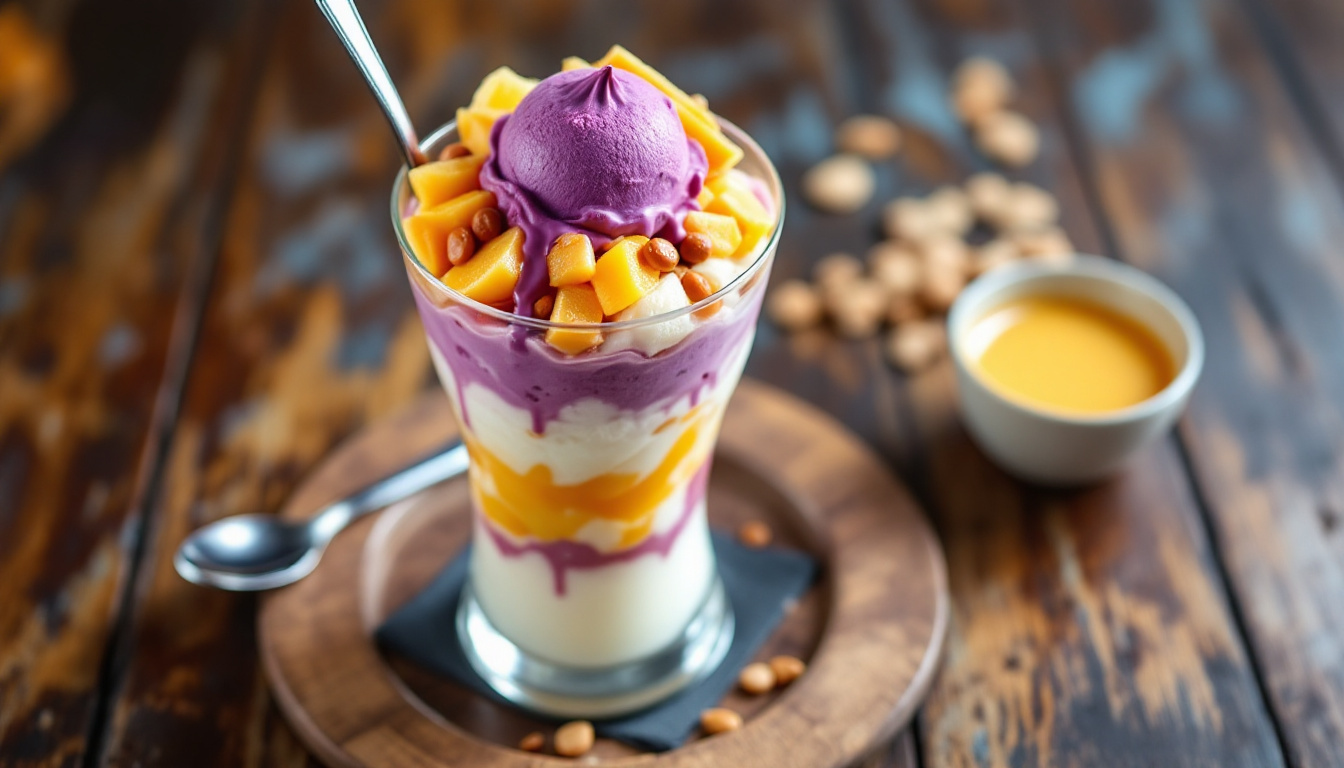 Halo-halo, Filipino shaved-ice dessert with ube ice cream and leche flan