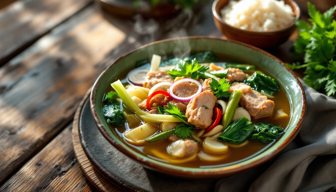Filipino sinigang na baboy, sour pork tamarind soup with water spinach and vegetables