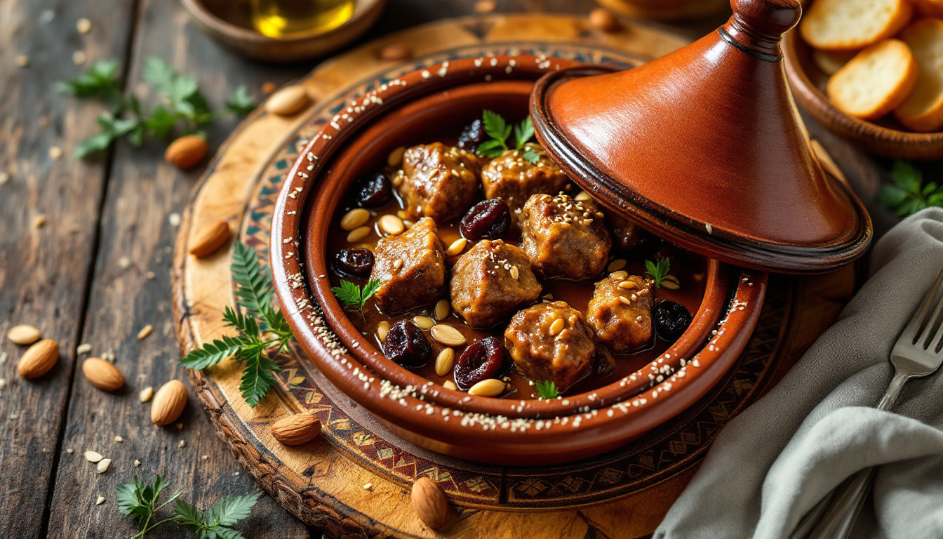 Moroccan lamb tagine with prunes and almonds in a conical clay pot