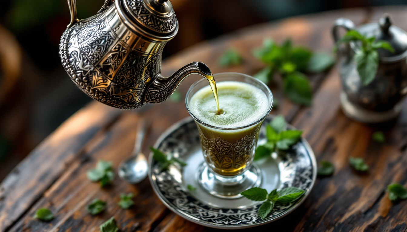 Moroccan mint tea poured from height into a small glass