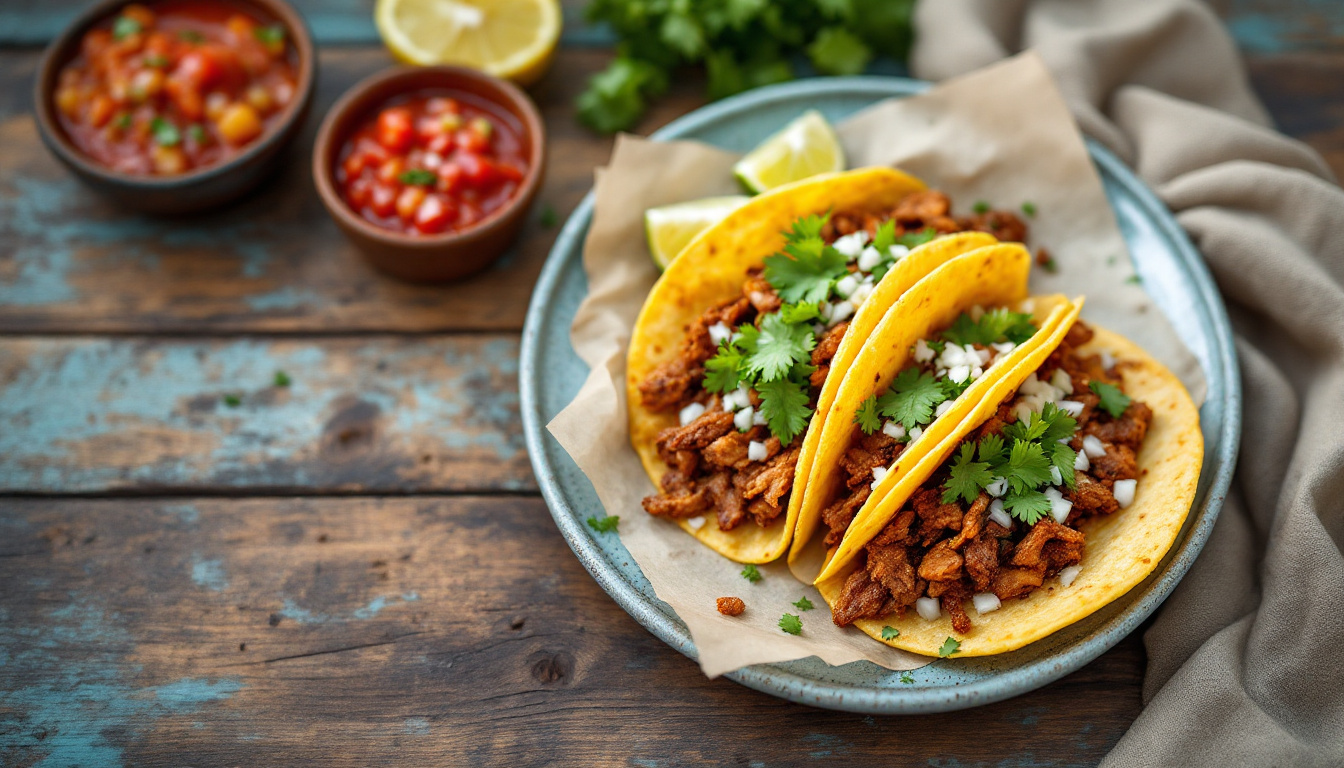 Mexico City street tacos of suadero and carnitas with salsas