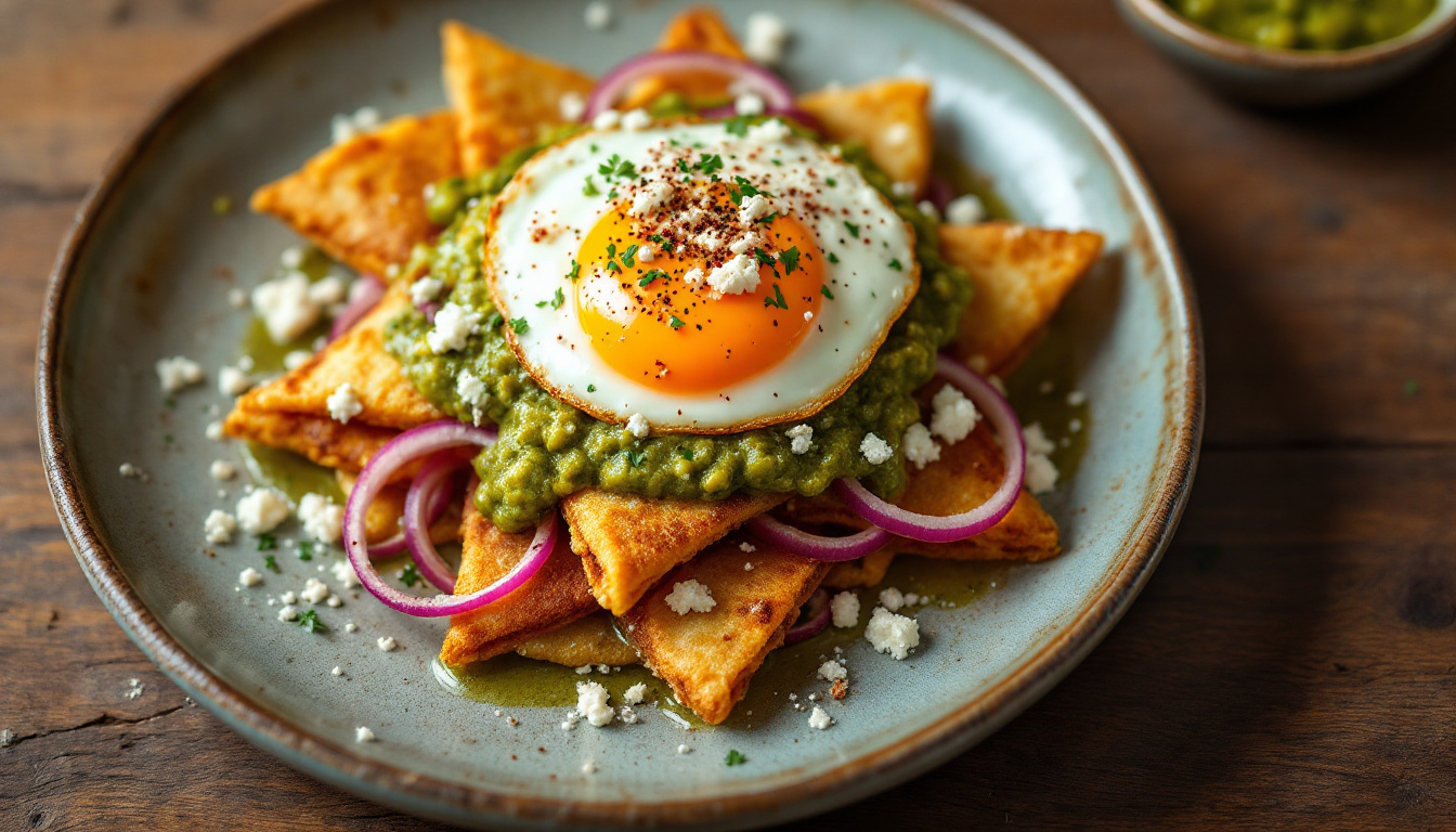 Chilaquiles in green salsa with crema, cheese and a fried egg