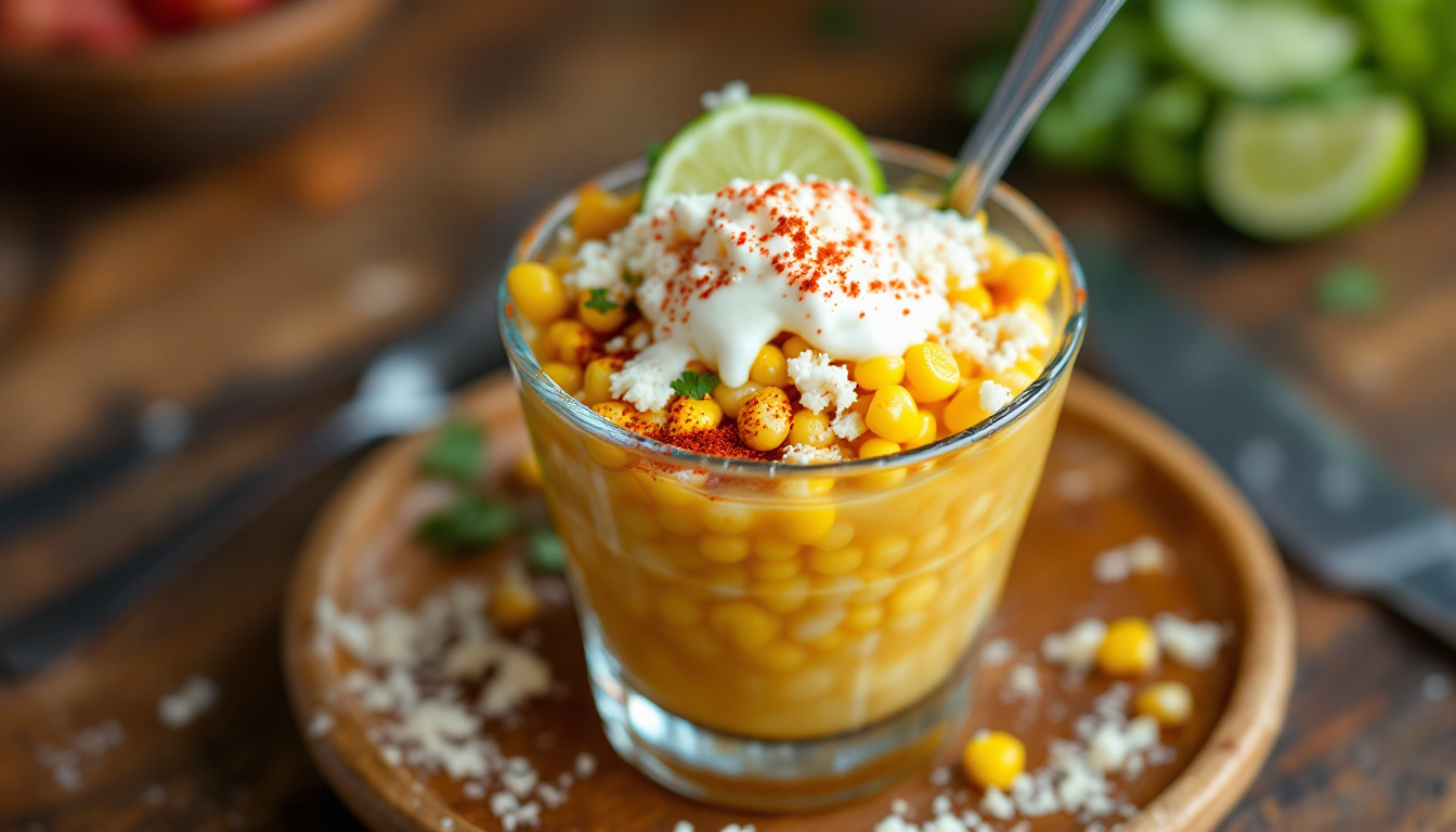 Esquites, a cup of Mexican street corn with cheese, chili and lime