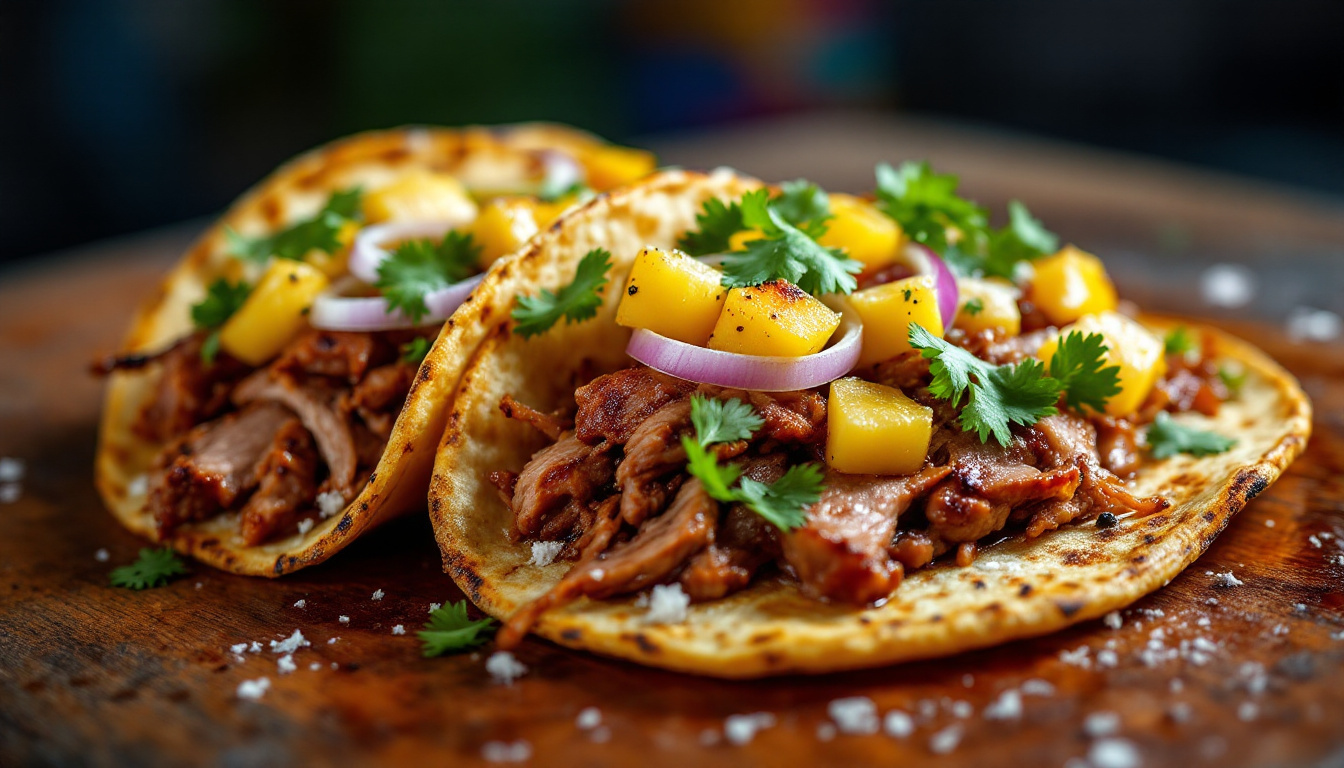 Mexico City tacos al pastor shaved off a vertical trompo with pineapple, onion and cilantro