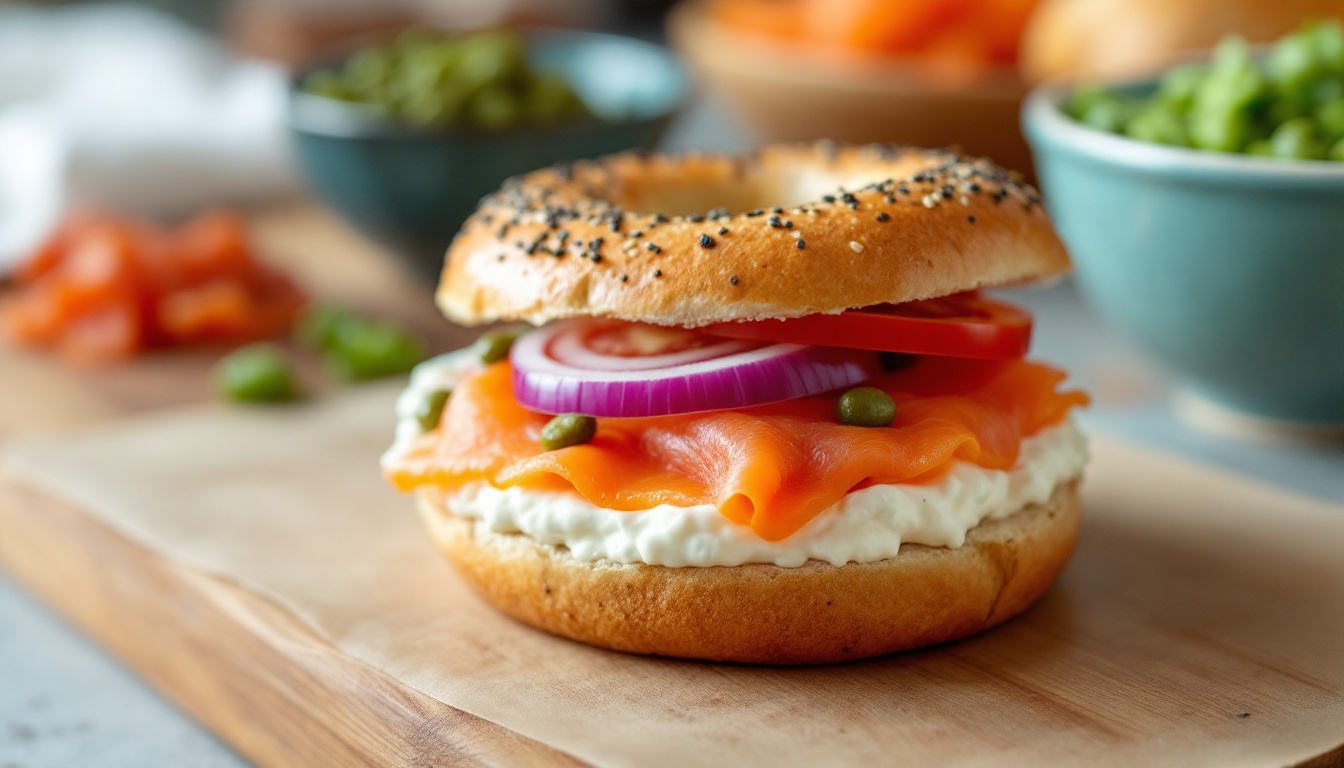 A New York bagel with lox, cream cheese, capers, red onion and tomato