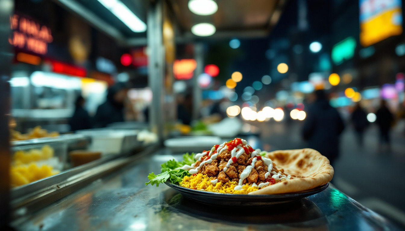 A New York halal cart plate of chicken over yellow rice with white sauce and hot sauce