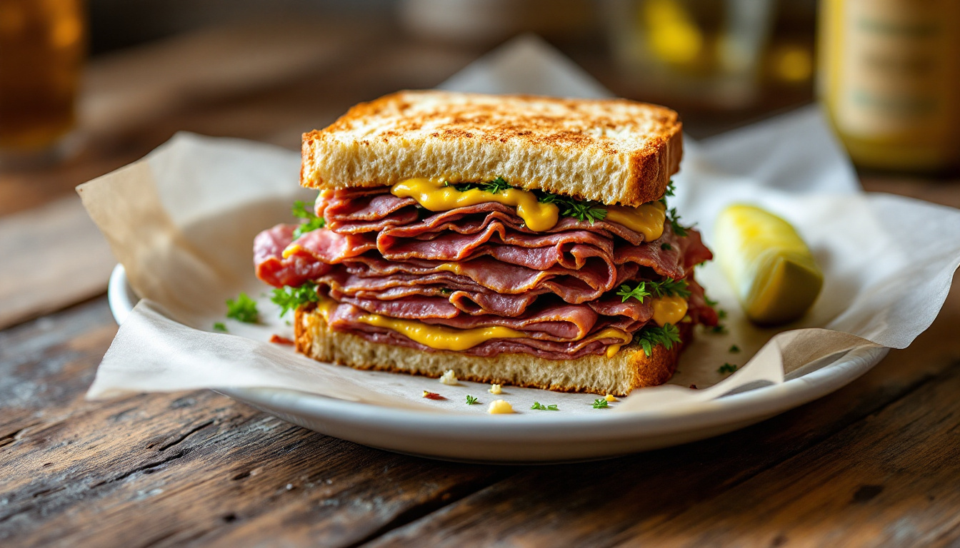 New York pastrami on rye, a towering hand-cut sandwich with mustard and a pickle