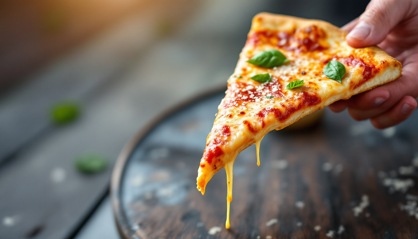 New York pizza slice folded in half, held on a city sidewalk