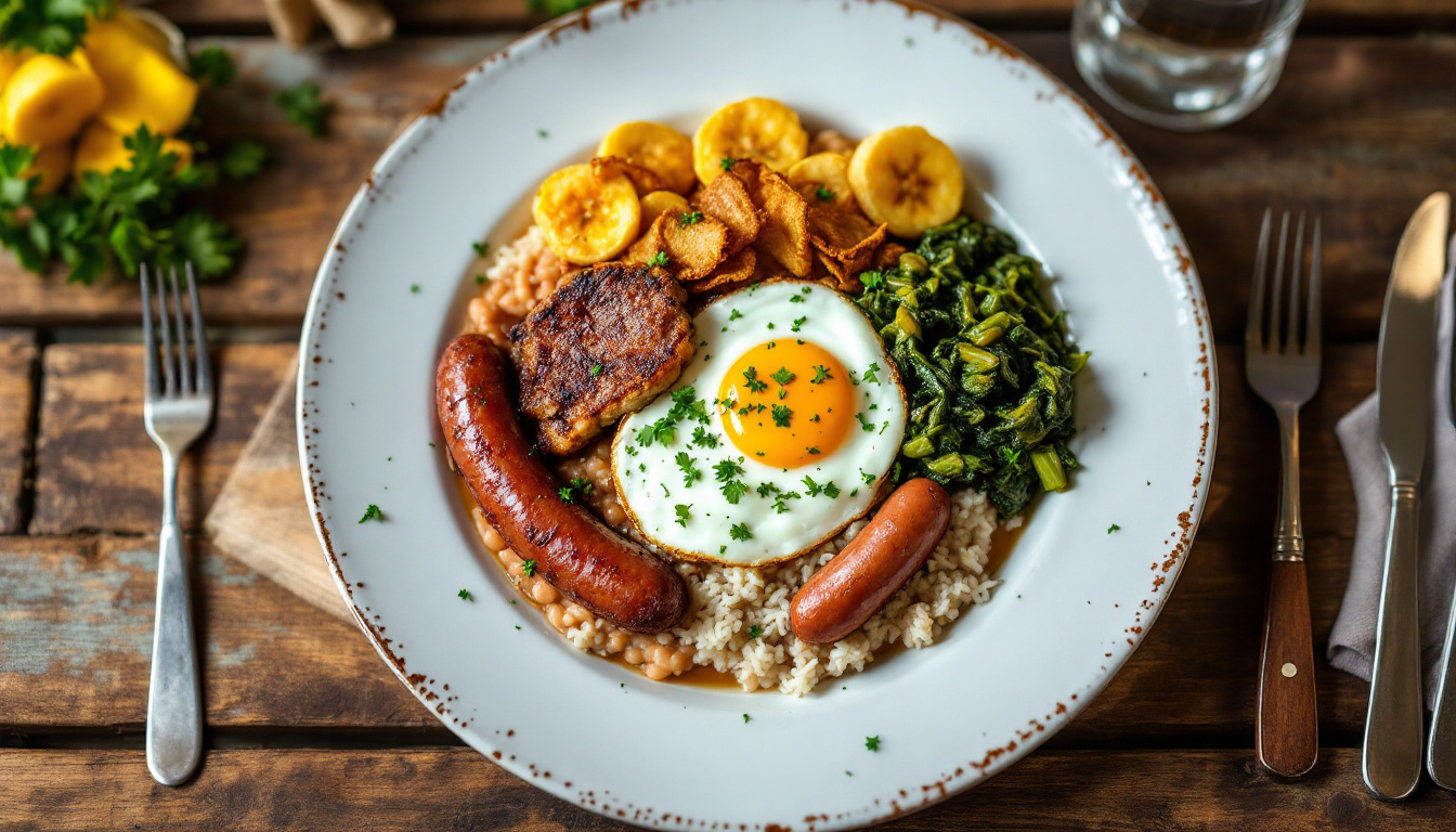 Virado a paulista, the Sao Paulo plate of beans, pork, egg, greens and banana