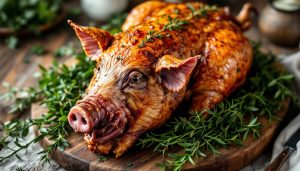 Sardinian porceddu, spit-roasted suckling pig