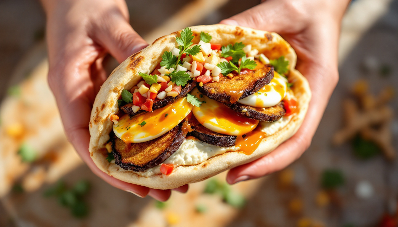 Sabich, a Tel Aviv pita with fried eggplant, egg and amba