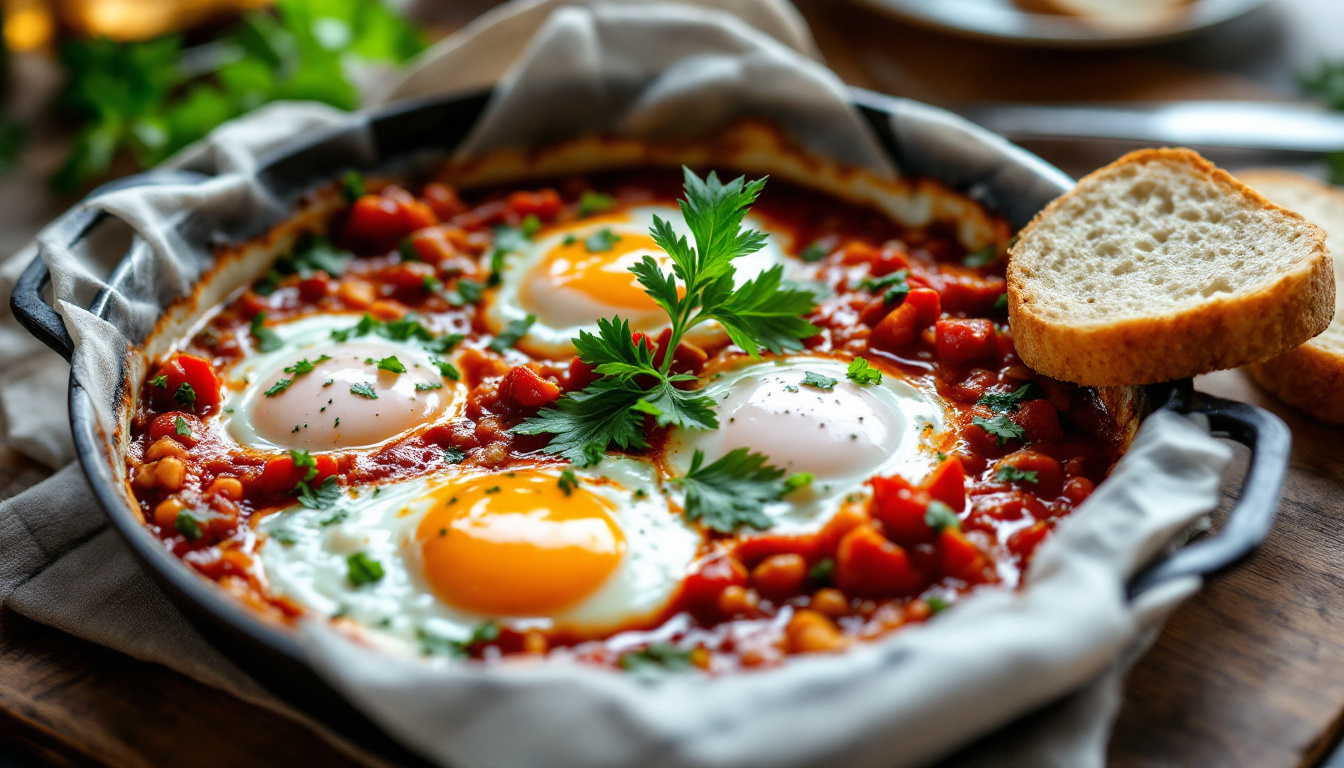 Shakshuka, eggs poached in spiced tomato and pepper sauce