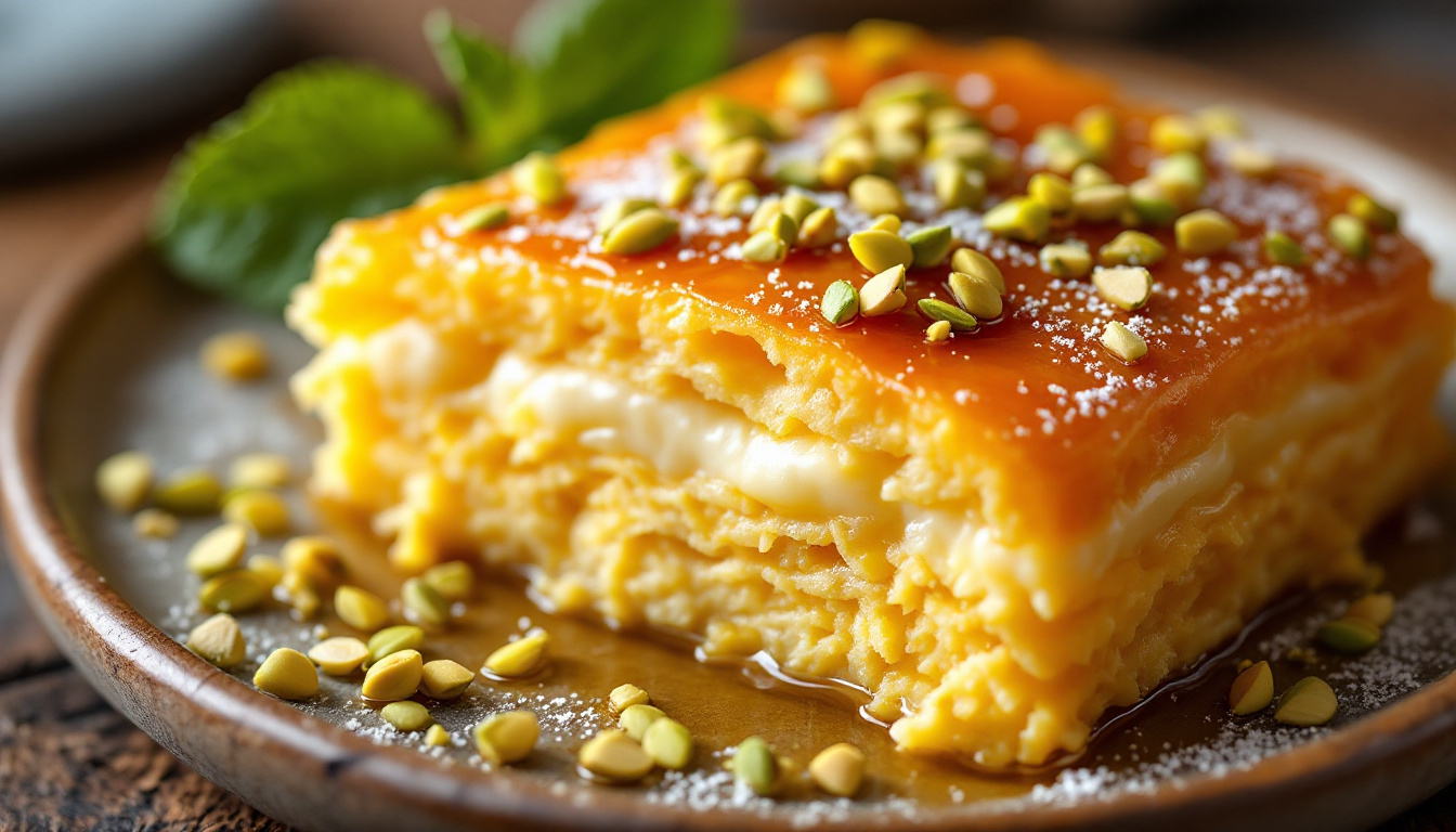Knafeh, shredded pastry over cheese soaked in syrup with pistachios