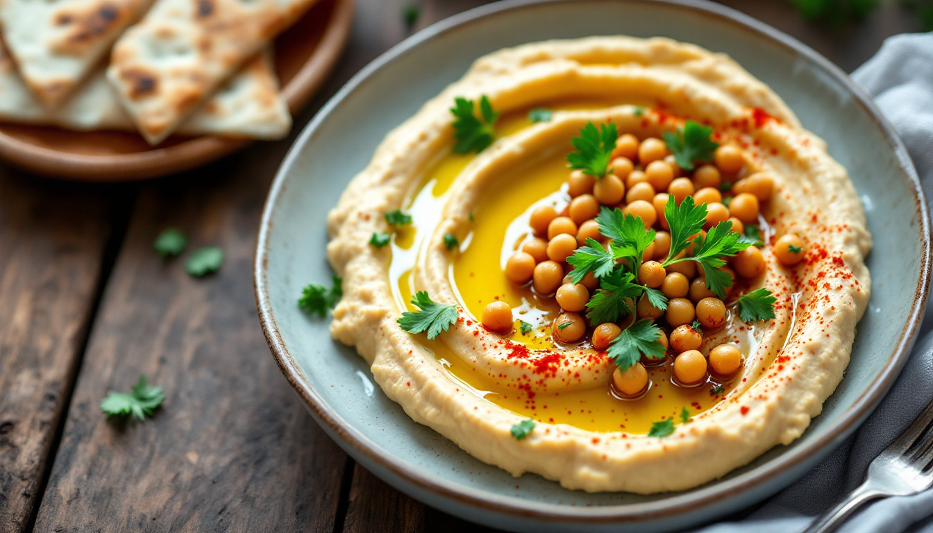 Israeli hummus plate swirled with olive oil, chickpeas and paprika, served with warm pita