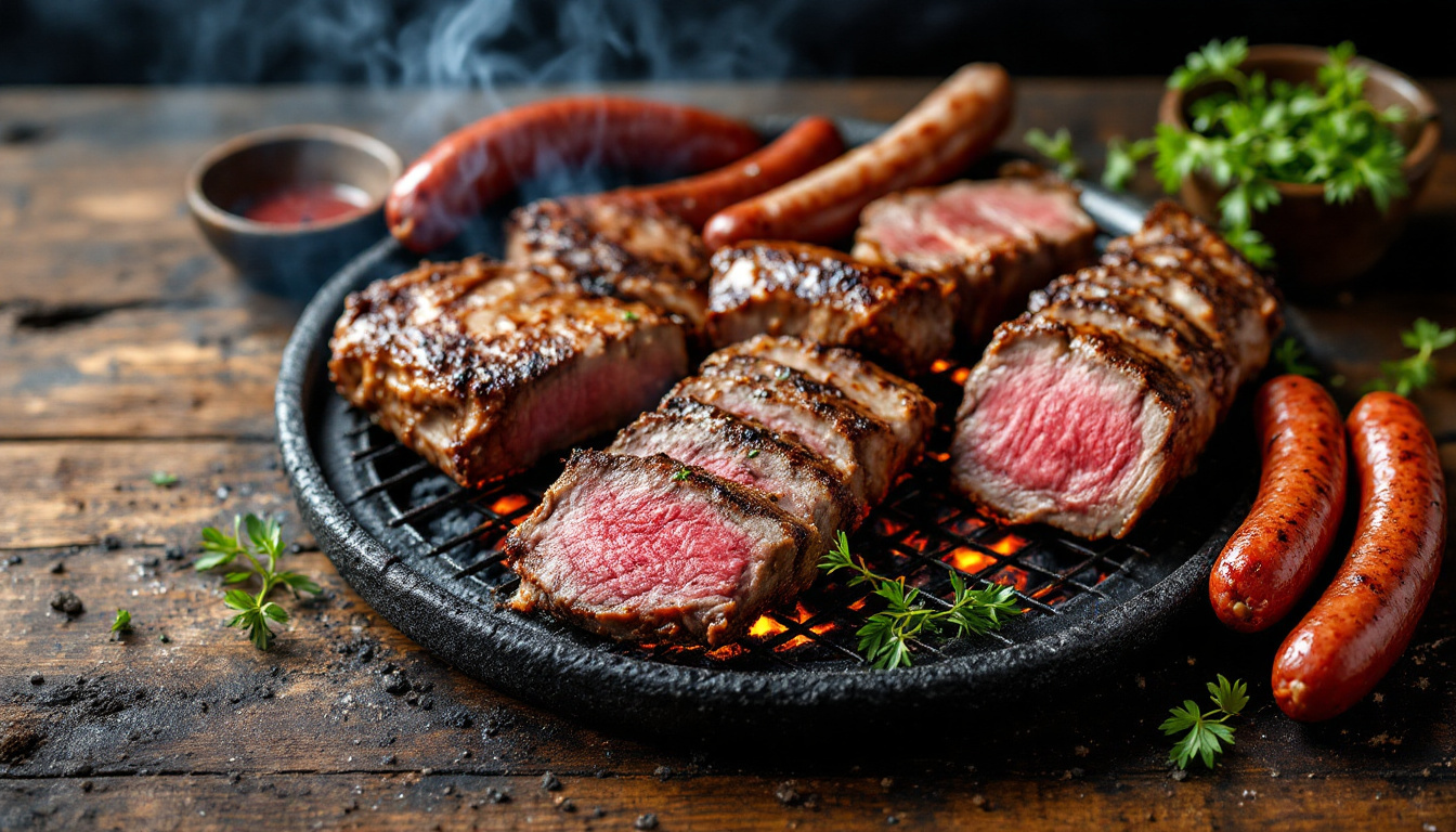 Argentine asado, assorted beef cuts and chorizo grilling over wood coals on a parrilla