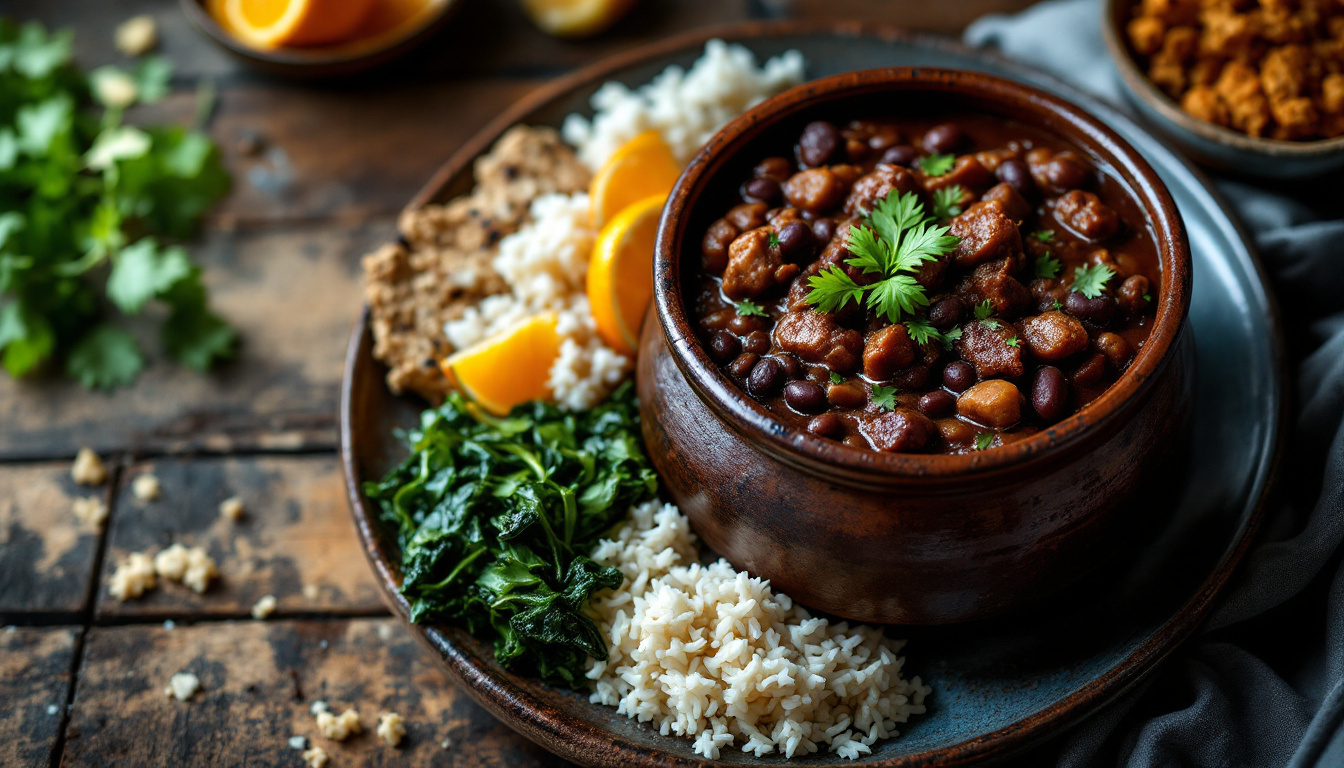 Brazilian feijoada, black bean and pork stew served with rice, orange, collard greens and farofa