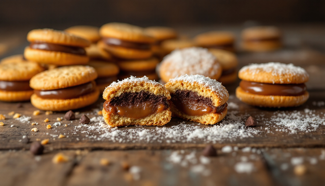 Argentine alfajores, two cookies filled with dulce de leche, some coated in chocolate and coconut