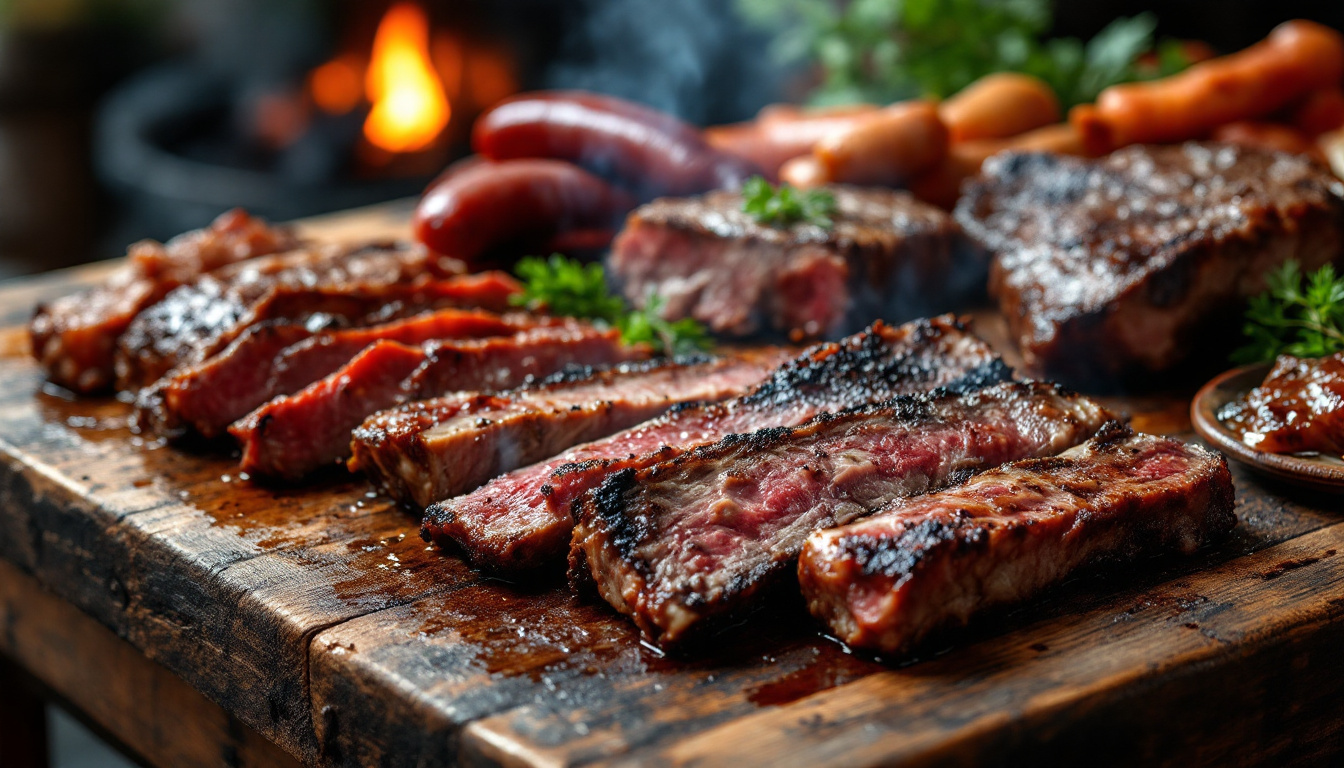 Argentine asado with beef cuts, chorizo and ribs grilling over wood embers on a parrilla