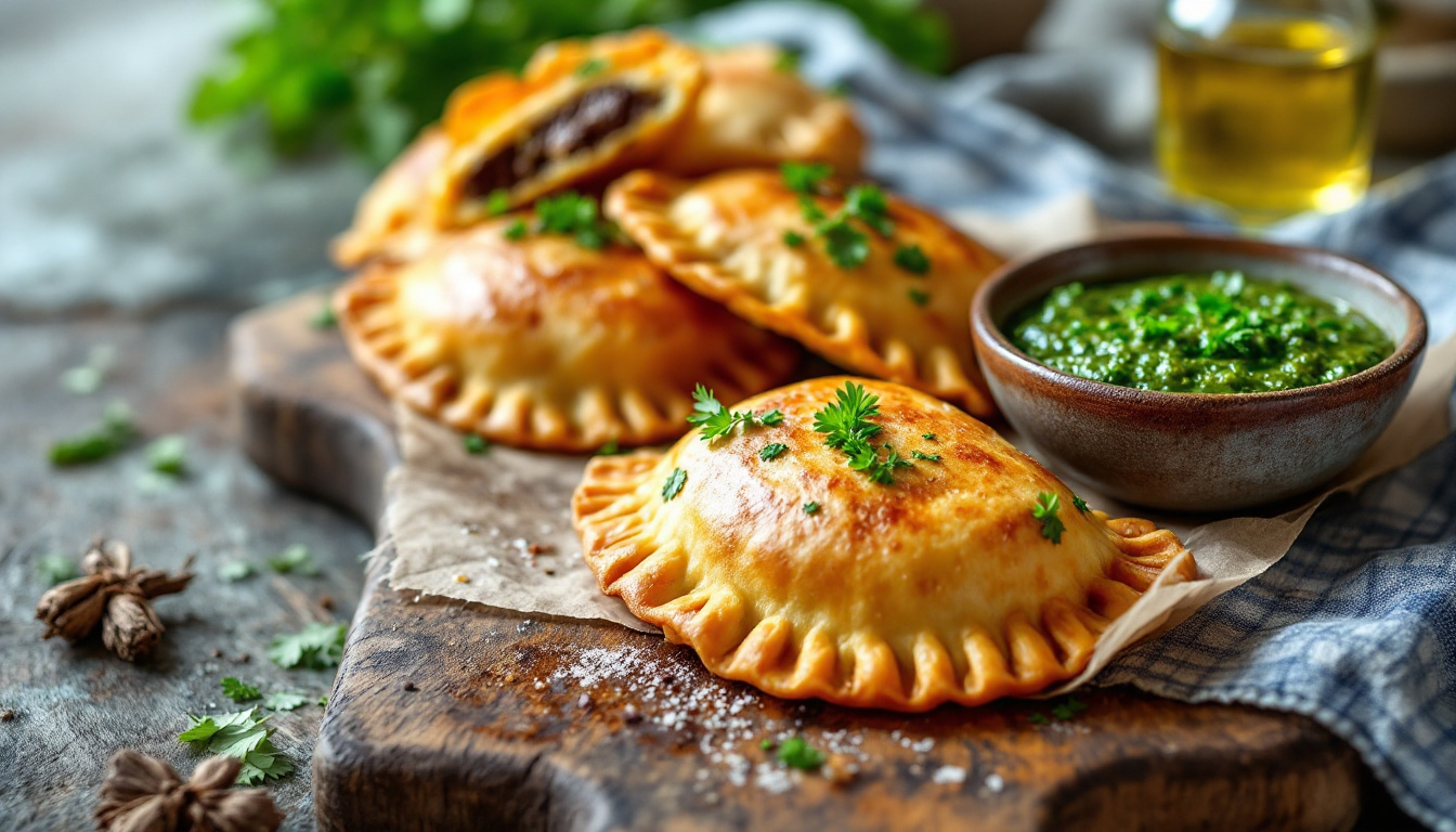 Argentine baked beef empanadas with crimped edges on a wooden board with chimichurri