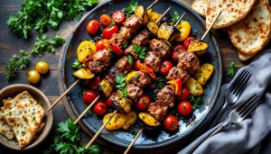 The best food to eat in Armenia: khorovats barbecue skewers with grilled vegetables and lavash