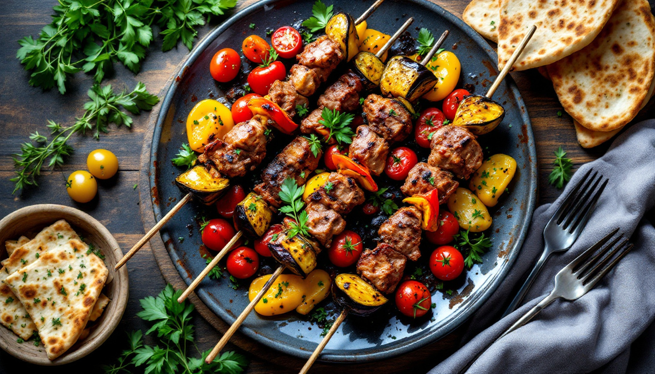 The best food to eat in Armenia: khorovats barbecue skewers with grilled vegetables and lavash