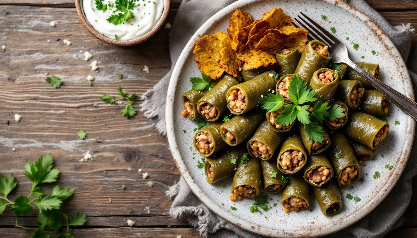 Armenian dolma, grape leaves stuffed with meat and rice with yogurt sauce