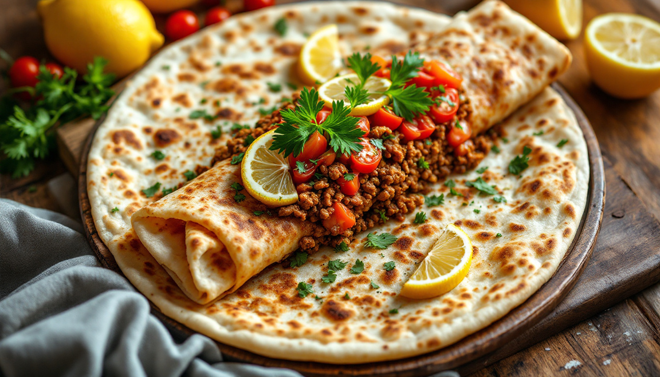 Lahmajoun, thin Armenian flatbread with spiced minced meat