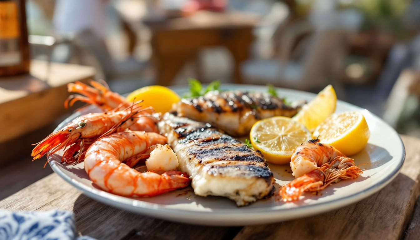 An Australian seafood and barbecue spread with grilled prawns, barramundi, lamb chops and fresh oysters