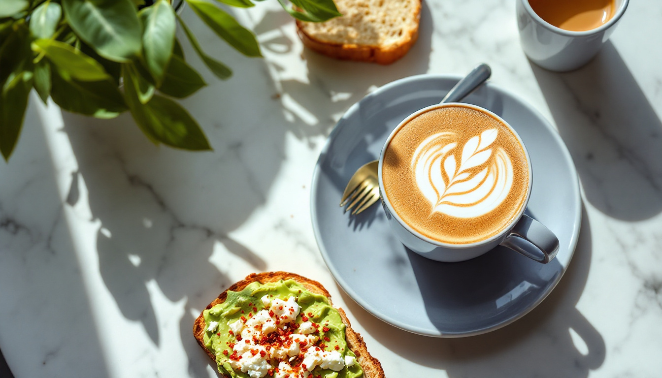 An Australian cafe brunch with a flat white coffee and smashed avocado on sourdough toast with feta