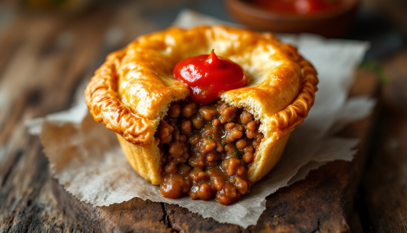 Australian meat pie with tomato sauce, the national handheld snack