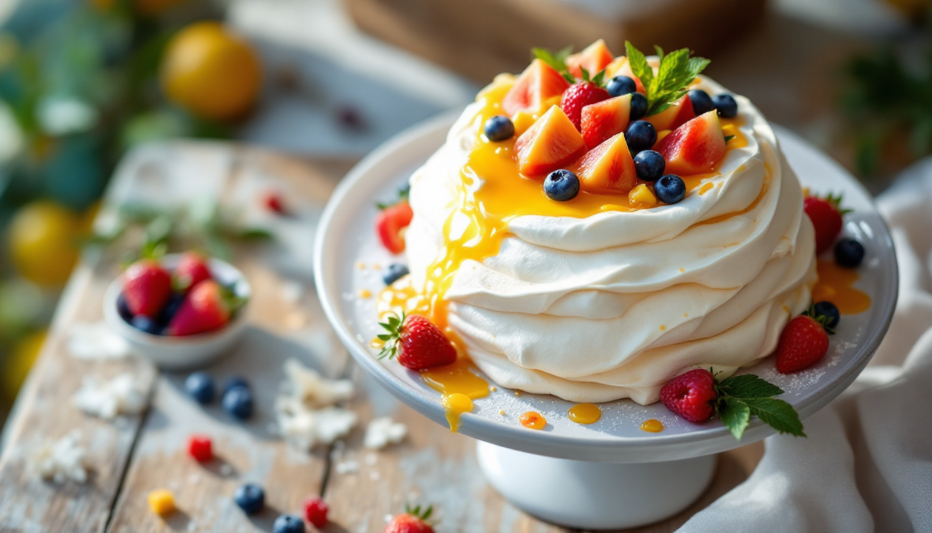 Australian pavlova with cream, passionfruit and berries