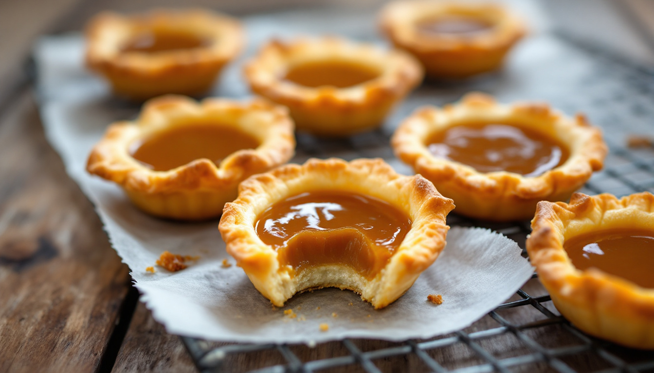 Canadian butter tarts with flaky pastry shells and gooey caramel filling on a cooling rack