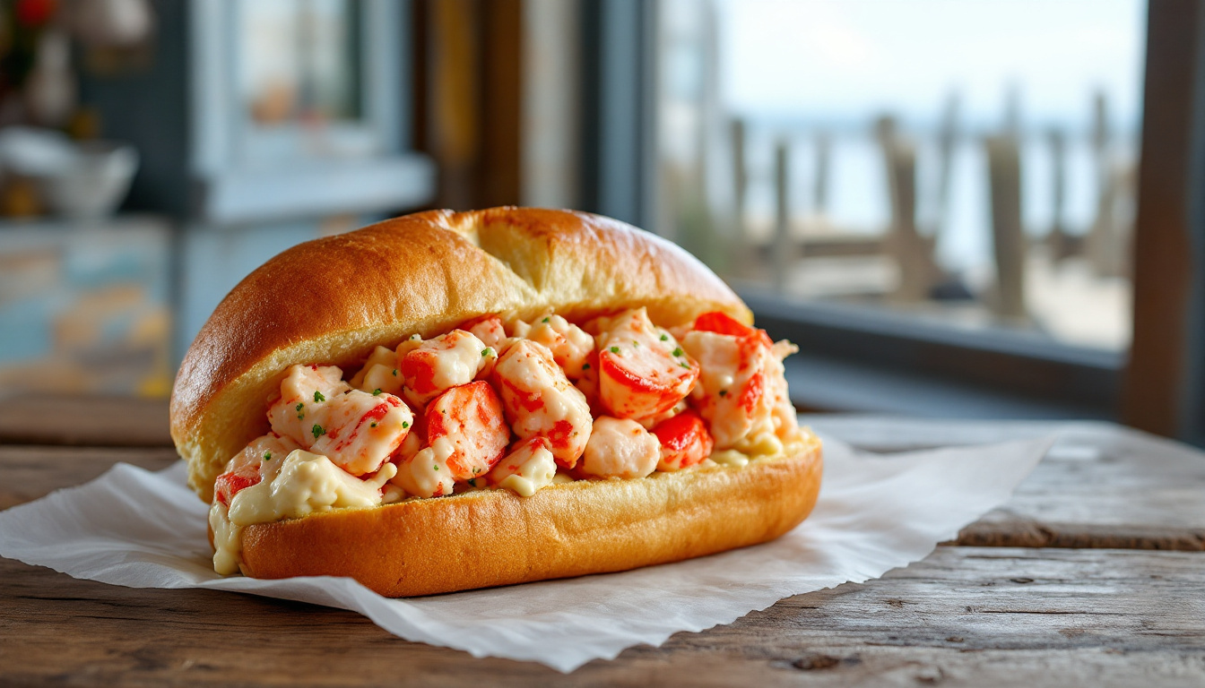 Atlantic Canadian lobster roll with chunks of lobster in a buttered griddled bun on a wharf