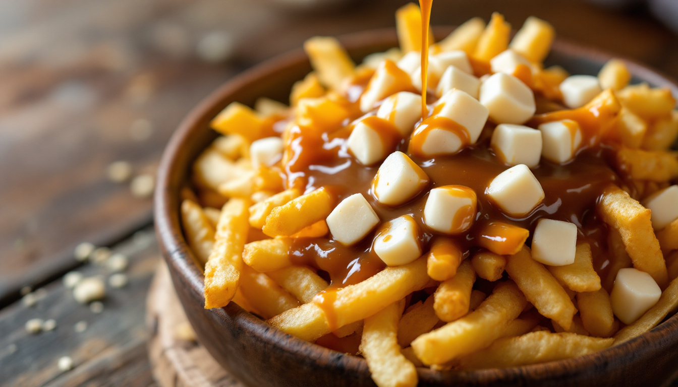 Canadian poutine with crispy fries, fresh cheese curds and hot brown gravy