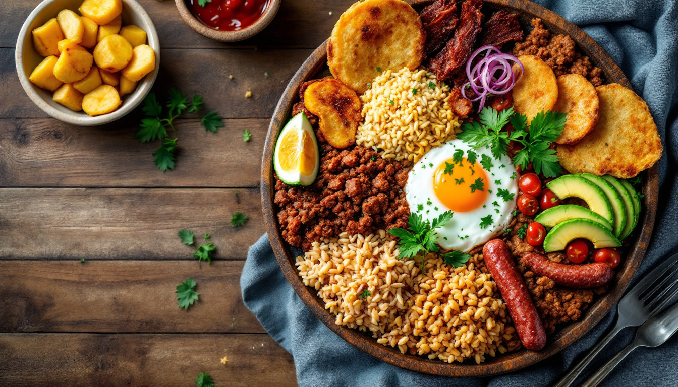 Bandeja paisa, the best food to eat in Colombia: a platter of beans, pork, egg, arepa and plantain