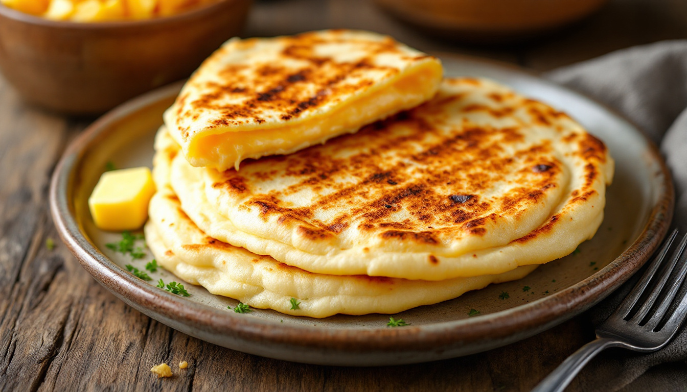 Colombian arepas, grilled corn cakes, one filled with melted cheese