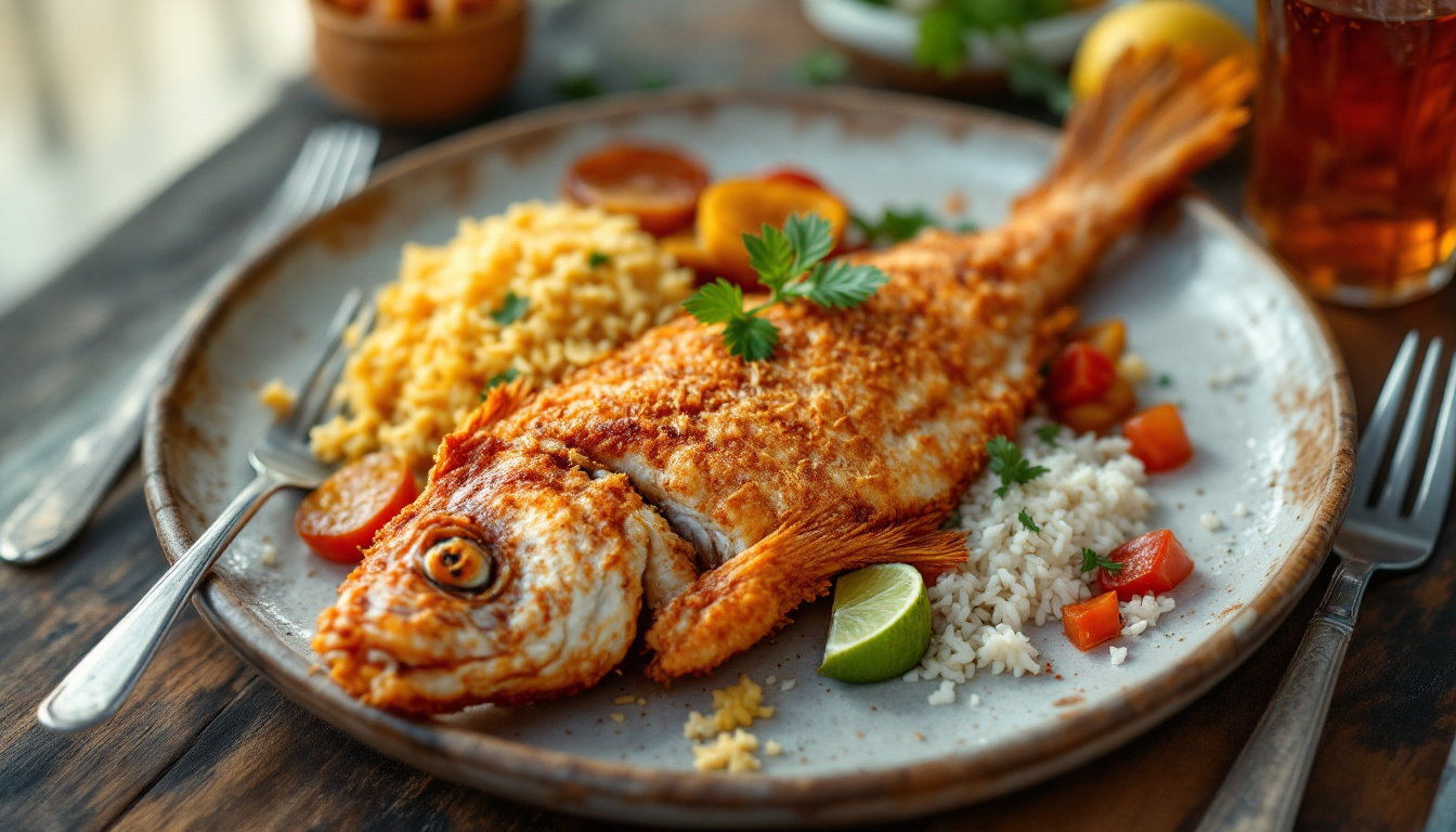Caribbean fried snapper with coconut rice and patacones, Colombian coast