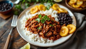 Ropa vieja, the best food to eat in Cuba: shredded beef with rice, black beans and plantain